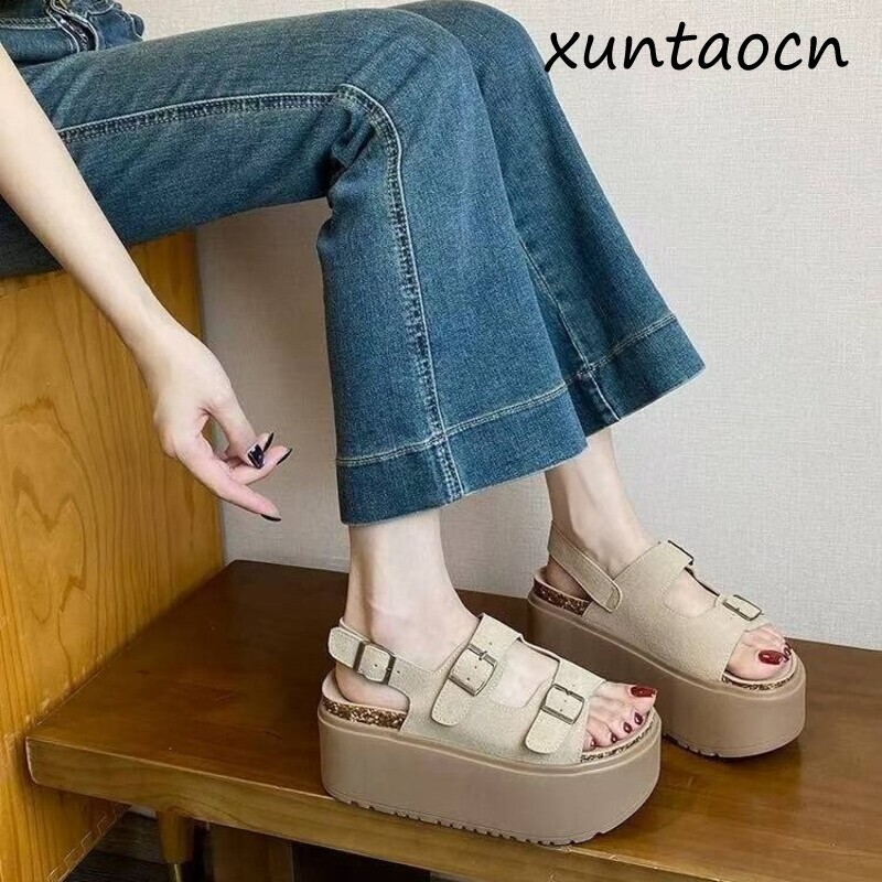 Summer Clothing Korea - صنادل نسائية بكعب سميك ومنصة عريضة،