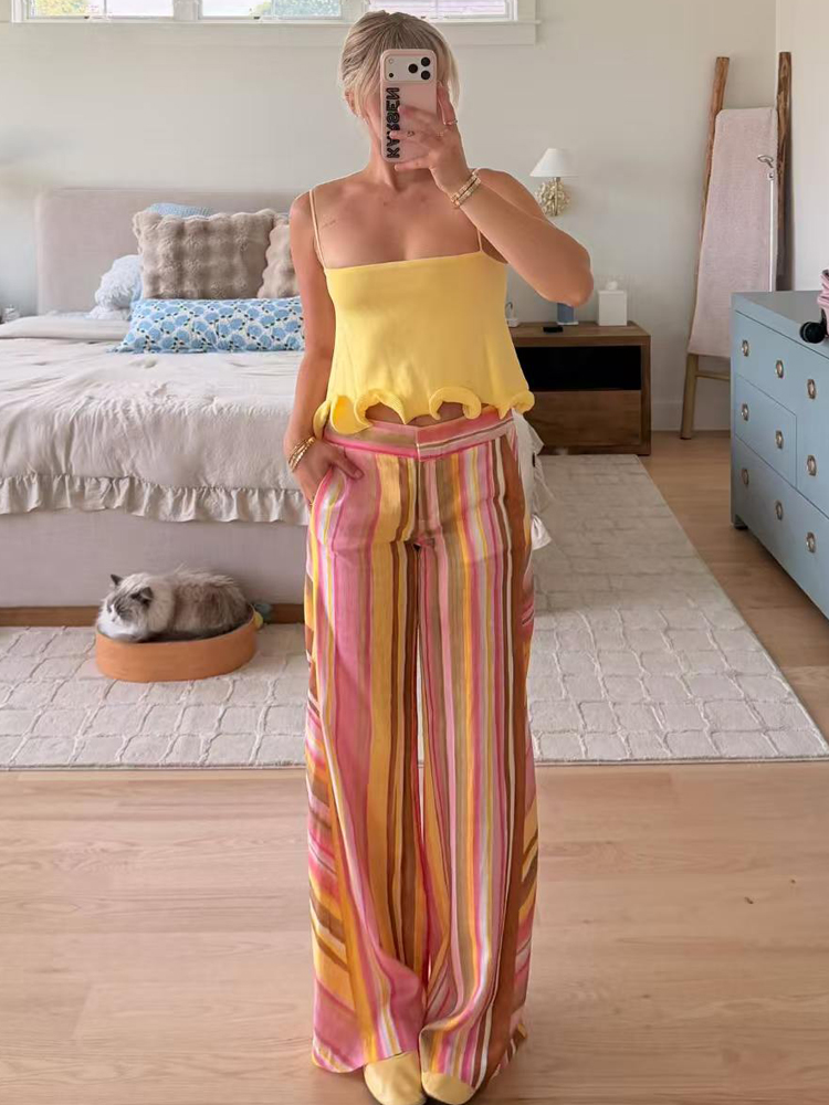 Palazzo Pant Wide - بنطلون نسائي مخطط من الكتان واسع