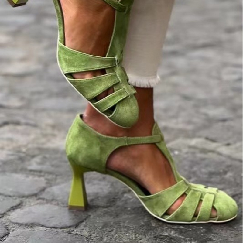 Summer Clothing Modest - صنادل نسائية خضراء من الجلد المدبوغ