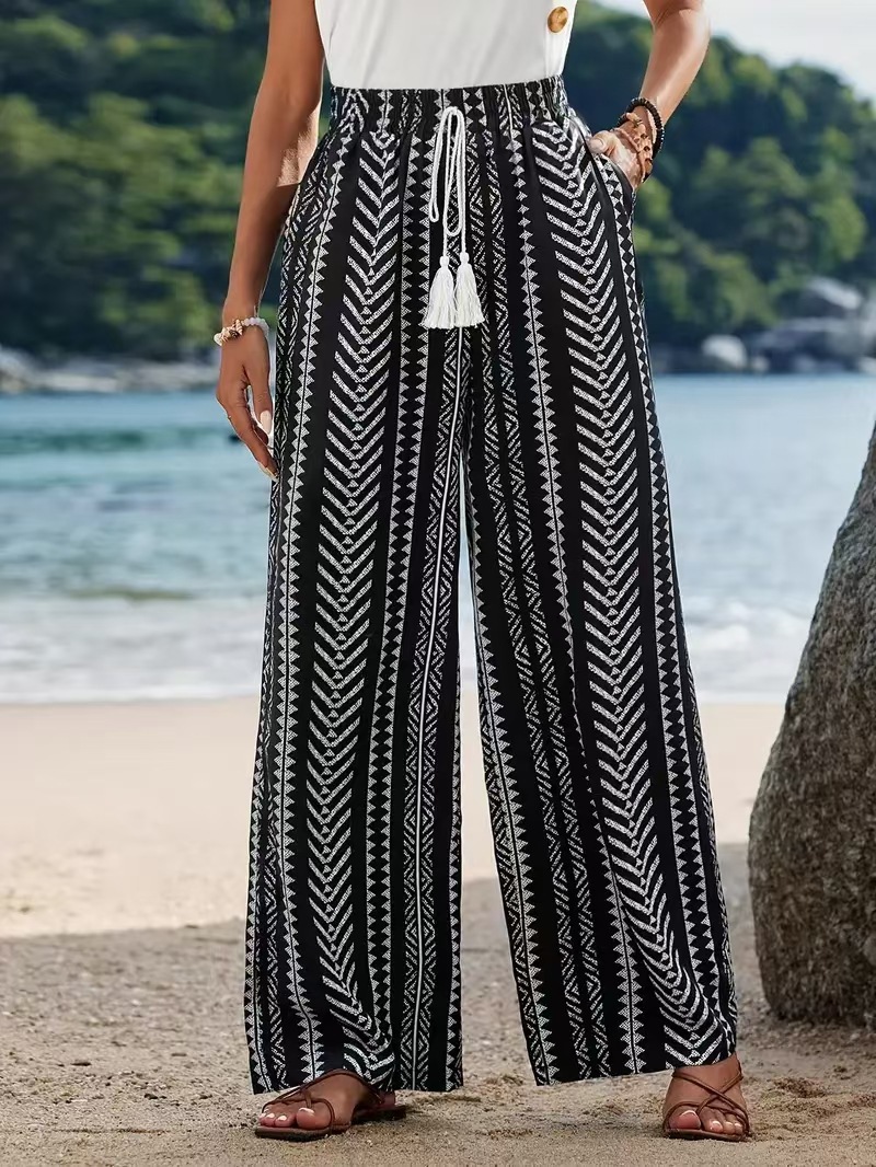 Palazzo Pant Wide - بنطلون نسائي واسع الأرجل بطبعة هندسية،
