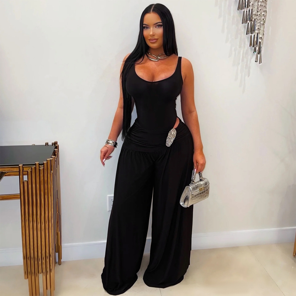 Palazzo Pant Wide - طقم نسائي من قطعتين بلون موحد،