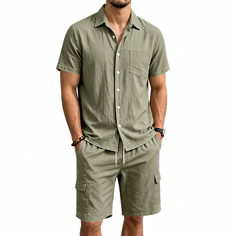 Linen Shorts Men - طقم صيفي أمريكي للرجال من قطعتين: