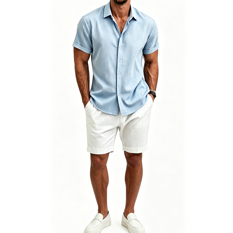 Summer Clothing Guys - طقم قميص رجالي من القطن والكتان،