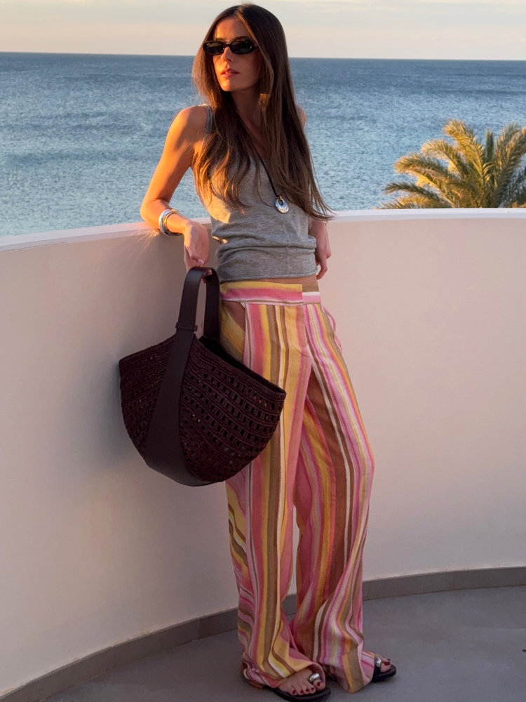 بنطلون نسائي مخطط من الكتان وا - مراجعة Palazzo Pant Wide وسعره