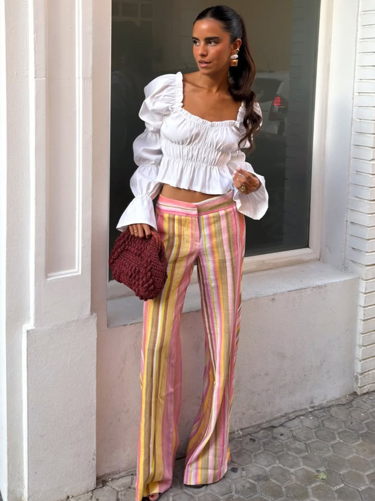 بنطلون نسائي مخطط من الكتان وا - مراجعة Palazzo Pant Wide وسعره
